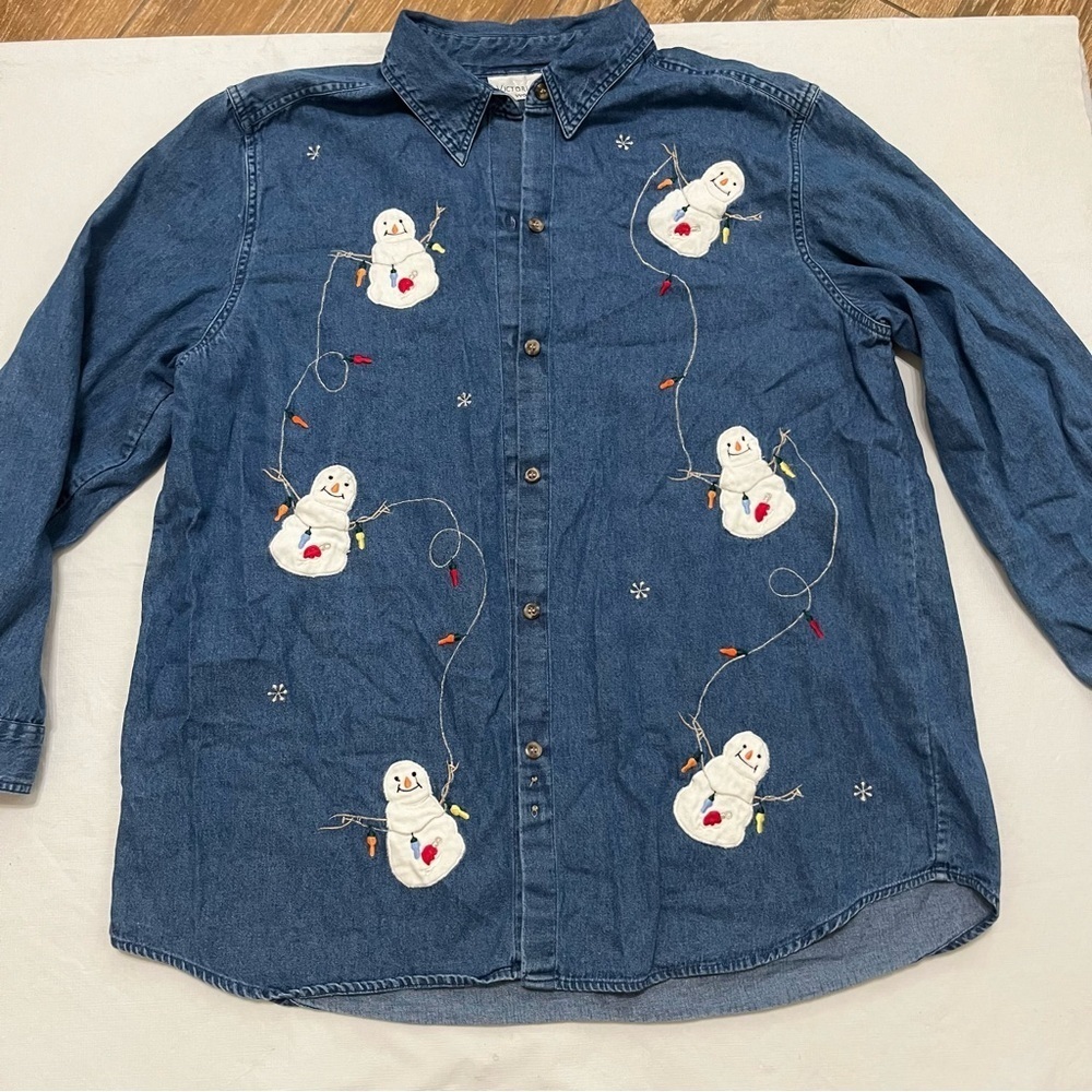 Vintage Victoria Jones Snowman Blue Jean Button Down Shirt 90’s Y2K